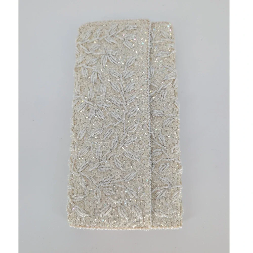 VTG Clutch Bag OS Cream Beaded Sequin Floral Leaf Evening Cocktail Bridal Retro